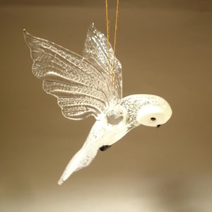 Handmade Blown Glass Owl Ornament: White Clear Hanging Bird Figurine