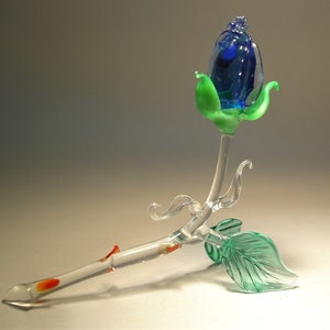 Handmade Blown Glass Blue Rose Bud Figurine: Art Flower Gift