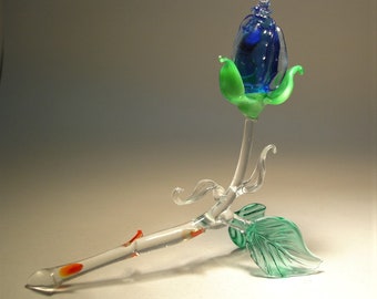 Handmade Blown Glass Art Figurine Blue Flower ROSE Bud Figurine
