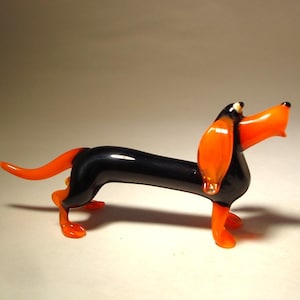 Handmade Blown Glass Black and Orange Glass Comic Wiener Dachshund DOG Figurine