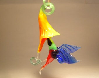 Blown Glass Figurine Bird Hanging Red HUMMINGBIRD and Yellow and Red Flower Ornament Great Gift