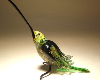 Figurine artistique faite main en verre soufflé Colibri vert et jaune avec long bec