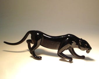 Glass Black PANTHER Figurine - Handmade Blown Animal Art Sculpture - Unique Gothic Decor, Unique Collector or Nature Lover Gift
