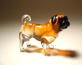 Glass PUG Figurine - Handmade Blown Glass Dog in Tan Apricot