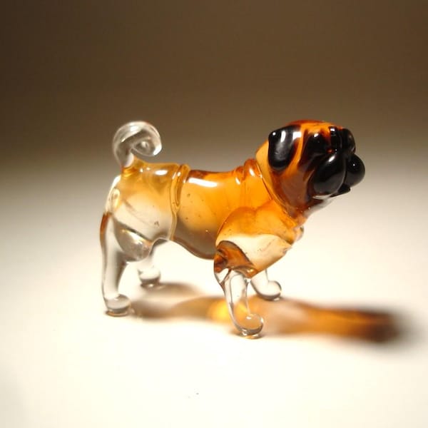 Glass PUG Figurine - Handmade Blown Glass Dog in Tan Apricot