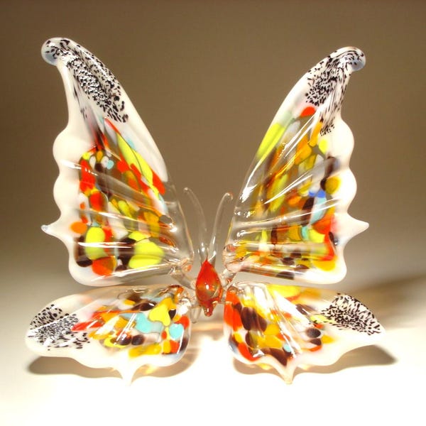 Handmade Blown Glass Butterfly Figurine, White with Colorful Specs