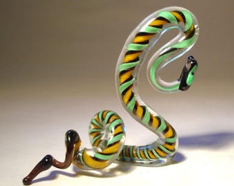 Handmade Blown Glass Snake Figurine - Striped Reptile in Striking Pose