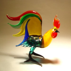 Handmade  Blown Glass Figurine Art Bird Yellow Neck ROOSTER Figure with Colorful Tail