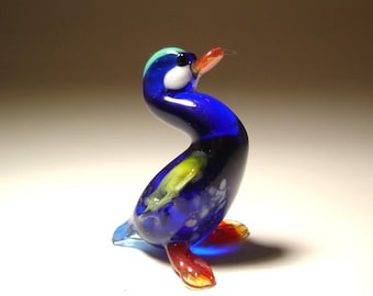 Handmade Blown Glass Small Figurine Blue and Yellow Mallard DUCK Bird