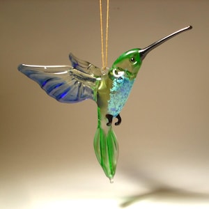 Blown Glass Hummingbird Ornament - Handmade Blue & Green Bird Figurine - Christmas Tree Decor