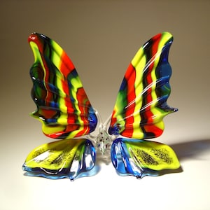 Handmade Blown Glass Butterfly Figurine: Blue, Red & Yellow Art Glass