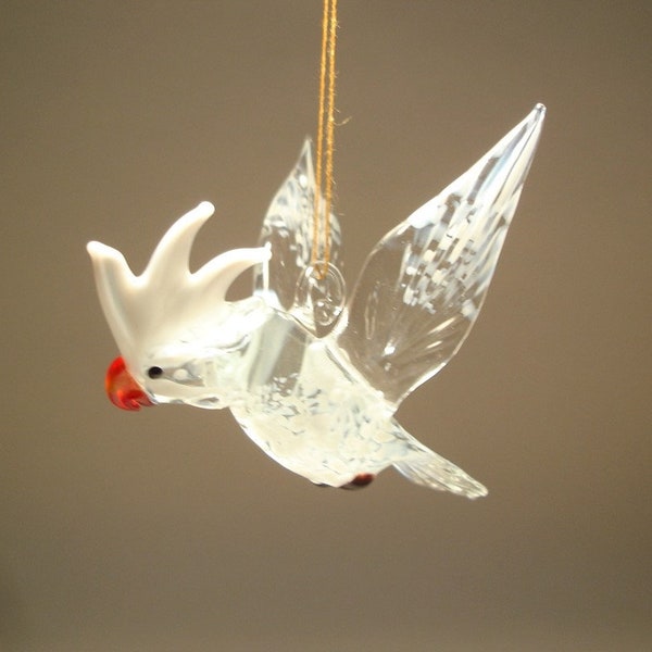 Handmade  Blown Glass Figurine Art Hanging  White and Clear Bird COCKATOO Parrot Figure Ornament
