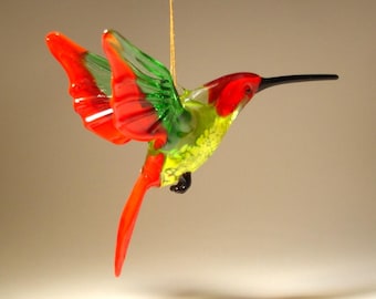Blown Glass Hummingbird Ornament - Elegant Red, Green and Yellow Hanging Glass Art