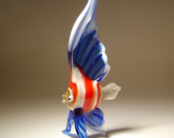 Handmade Blown Glass Angelfish Figurine, Blue White Red Stripes, Collectible Art, Gift for Fish Lovers