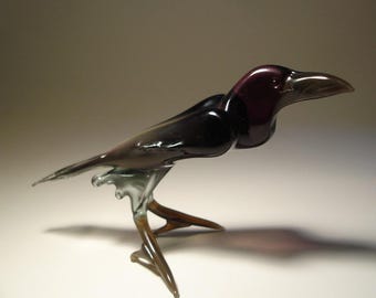 Blown Glass Crow Figurine - Black & Purple Art Bird Raven