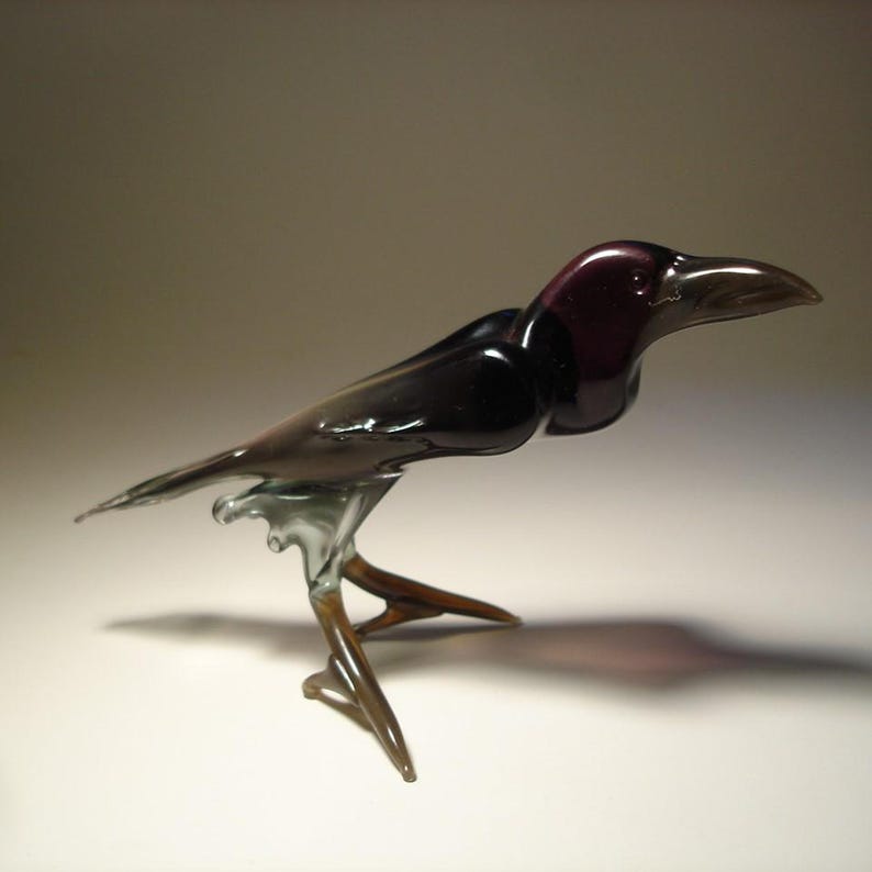 Blown Glass Crow Figurine - Black & Purple Art Bird Raven image 1