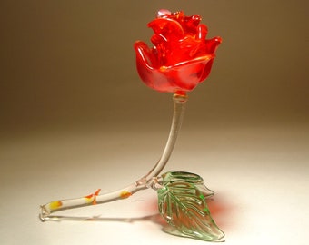 Handmade Blown Glass Art Figurine  Red Open Flower ROSE Figurine Great Gift