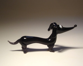 Handmade Blown Glass Small Black Glass Wiener Dachshund DOG Figurines