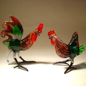 Two Chicken Couple Figurines Handmade Blown Glass Figurine Art Bird Colorful Green, Blue and Red ROOSTER and Hen Figures
