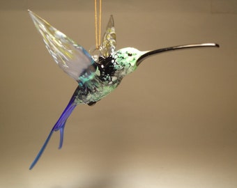Blown Glass Figurine Bird Hanging Swallow Tail Blue and Green HUMMINGBIRD Ornament Great Gift