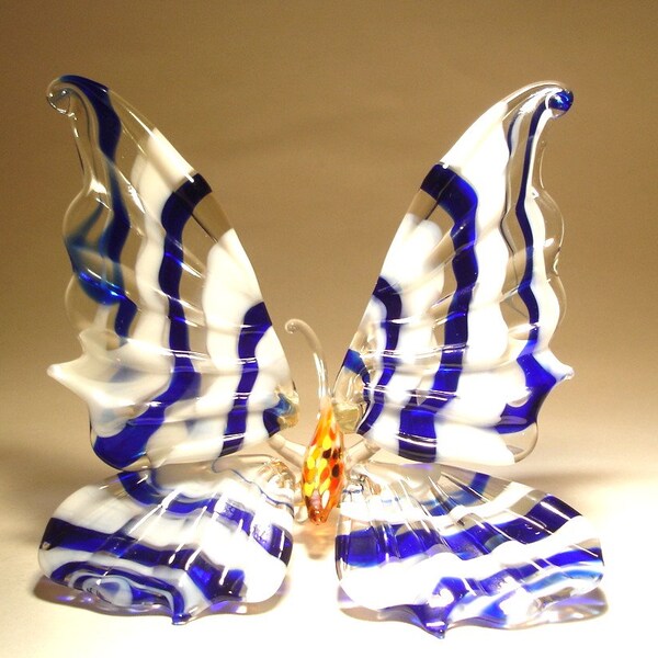 Blown Glass Figurine Art Insect Blue and White Stripe BUTTERFLY