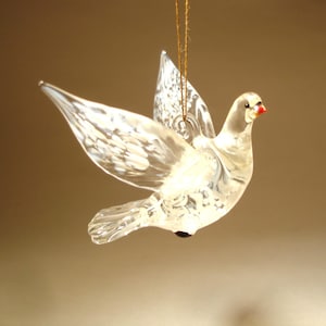 Handmade Blown Glass Figurine Art White and Clear Hanging Bird Dove Pigeon Ornament