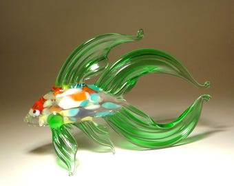 Handmade Blown Glass Art Figurine Green Betta Fish with Colorful Body