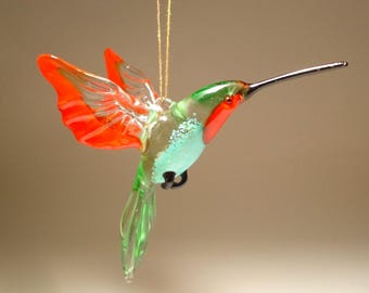 Glass Red-Throated HUMMINGBIRD Figurine - Handmade Red, Blue, Green Hanging Ornament - Elegant Gift for Holidays