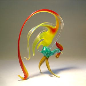 Handmade Blown Glass Figurine Art Bird Red and Yellow ROOSTER Figurine with a Green Body  Elegant and Thoughtful Gift for any Occasion