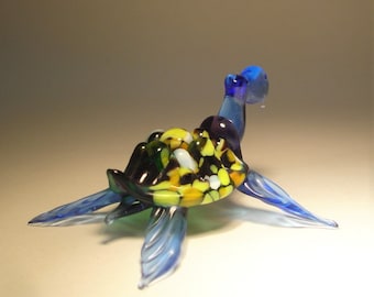 Handmade Blown Glass Figurine Art Sea Creature Blue TURTLE with Speckled Shell