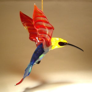 Handmade Blown Glass Art Figurine Hanging Dark Red and Blue Hummingbird Bird with Yellow Head Ornament Great Gift