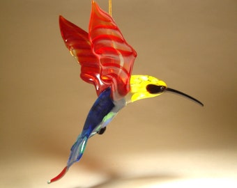 Handmade Blown Glass Art Figurine Hanging Dark Red and Blue Hummingbird Bird with Yellow Head Ornament Great Gift