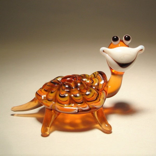 Handmade Blown Glass Figurine Art Brown Happy TURTLE Tortoise with White Face