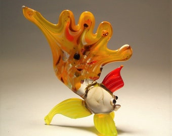 Handmade Blown Glass Art Figurine Small Orange, Red and Yellow Fancy Fish