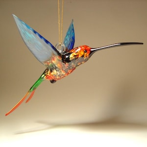 Blown Glass Hummingbird Ornament – Handmade Swallow Tail Bird in Blue, Red & Green – Hanging Window Decoration or Gift
