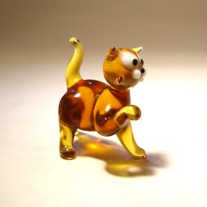 Handmade Blown Glass Art Figurine Animal Small Dark Brown Kitten CAT with a Raised Paw - Great Gift for Cat Lovers