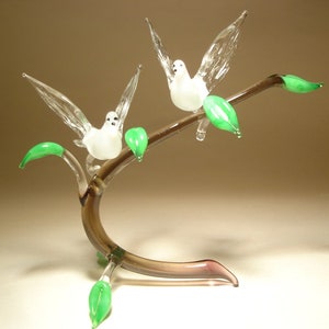 Handmade Blown Glass Figurine Art White Bird Pigeon Doves on a Branch