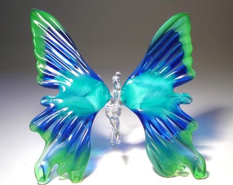 Blown Glass Figurine Insect Blue and Green BUTTERFLY Ornament - Hanging or Standing Art