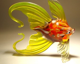 Handmade Blown Glass Art Figurine Yellow and Red Fish with an Arched Tail