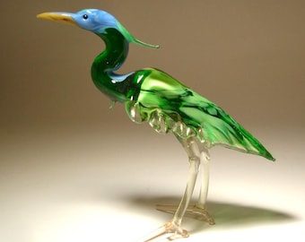 Handmade Blown Glass Blue and Green Heron Figurine: Nature Lover Gift