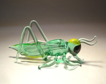 Handmade Blown Glass Art Figurine Green Insect Cricket Grasshopper