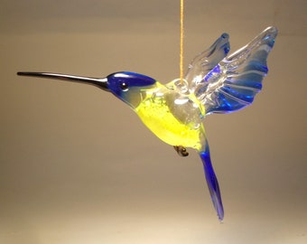 Handmade Blown Glass Figurine Art Bird Blue and Yellow Hanging HUMMINGBIRD Ornament