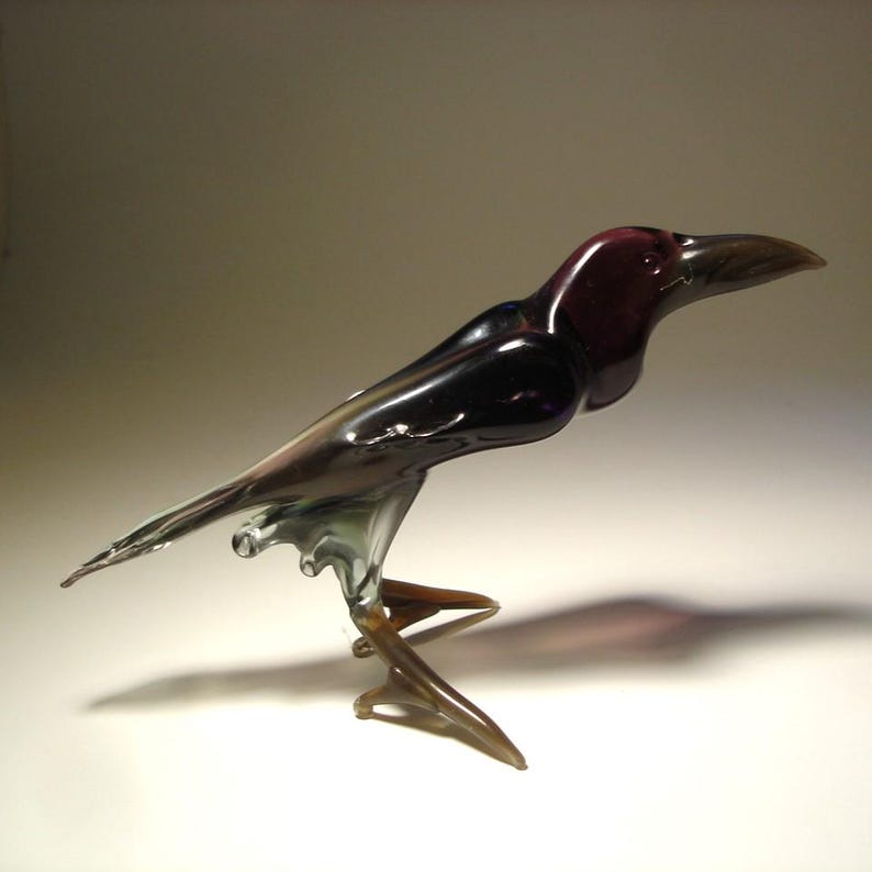 Blown Glass Crow Figurine - Black & Purple Art Bird Raven image 5