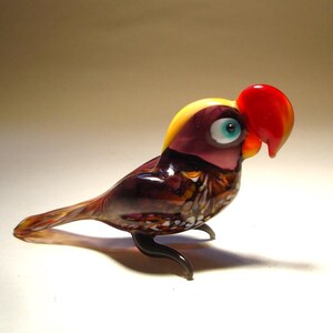 Glass PARROT Figurine Handmade Blown Glass Figurine Art Baby Macaw Parrot with a Red Beak