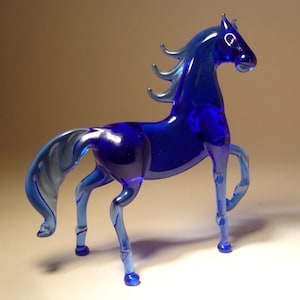 Handmade  Blown Glass Figurine Art Animal Blue HORSE with Raised Leg