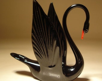 Handmade Blown Glass Art Animal Figurine Bird Black SWAN