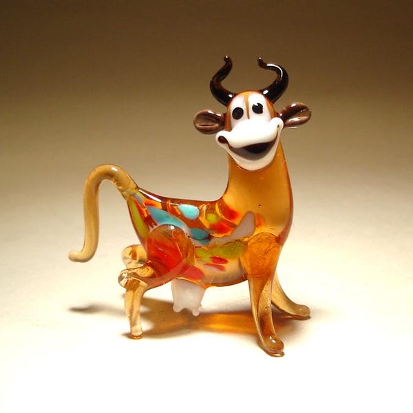 Glass Cow Figurine - Handmade Small Blown Glass - Brown Farm Animal