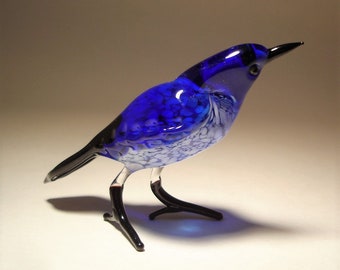 Blown Glass Bird Figurine: Handmade Blue and White Art Decor, Gift for Bird Lovers