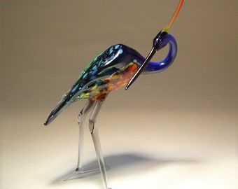 Handmade Blown Glass Art Blue HERON Bird with a Head Turned Figurine