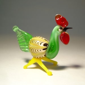 Handmade Blown Glass Small Figurine Green and Yellow Chicken Hen